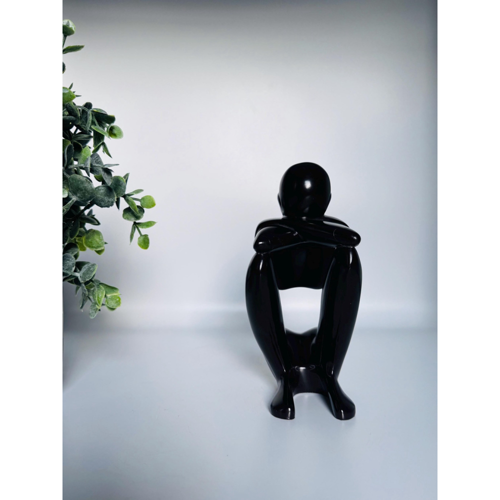 Black Abstract Thinker Sculpture, Minimalist Seated Figure, Modern Home Decor